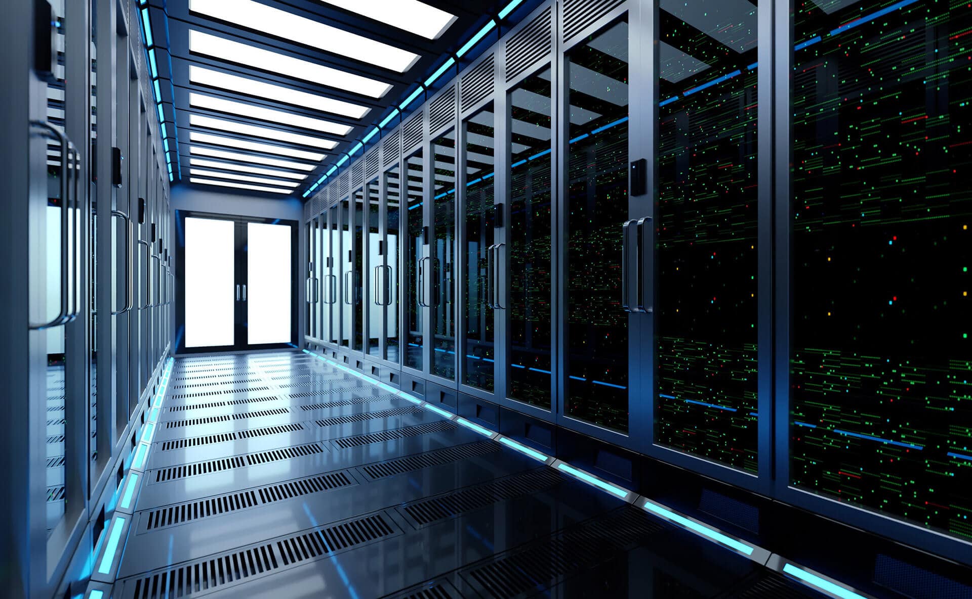 A modern home data center with rows of server racks illuminated by blue lights.