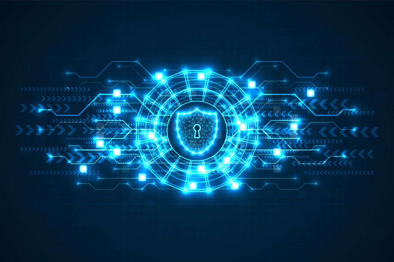 Digital security concept with a glowing lock symbol at the center of a network security pattern.