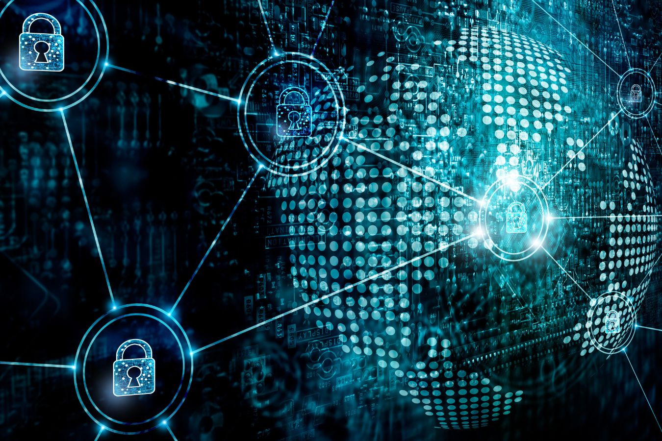 A digital illustration of cyber security and data protection concept with padlock icons interconnected over a background of binary code and world map.