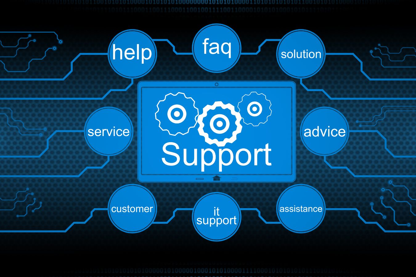 Digital support concept with related words and icons on a blue technological background, emphasizing Technical Support.