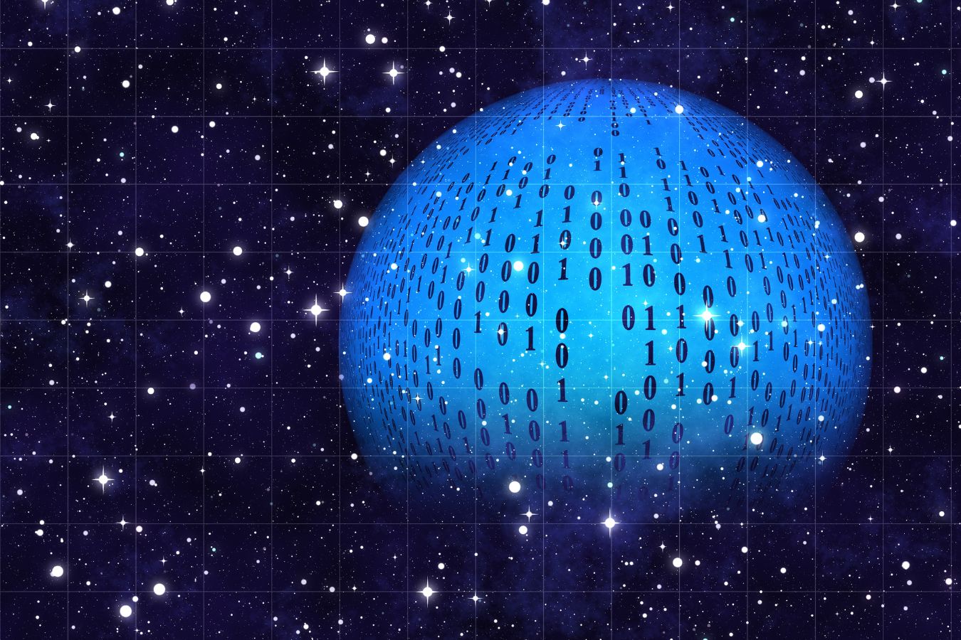 Digital globe with binary code pattern representing software development against a starry sky background.