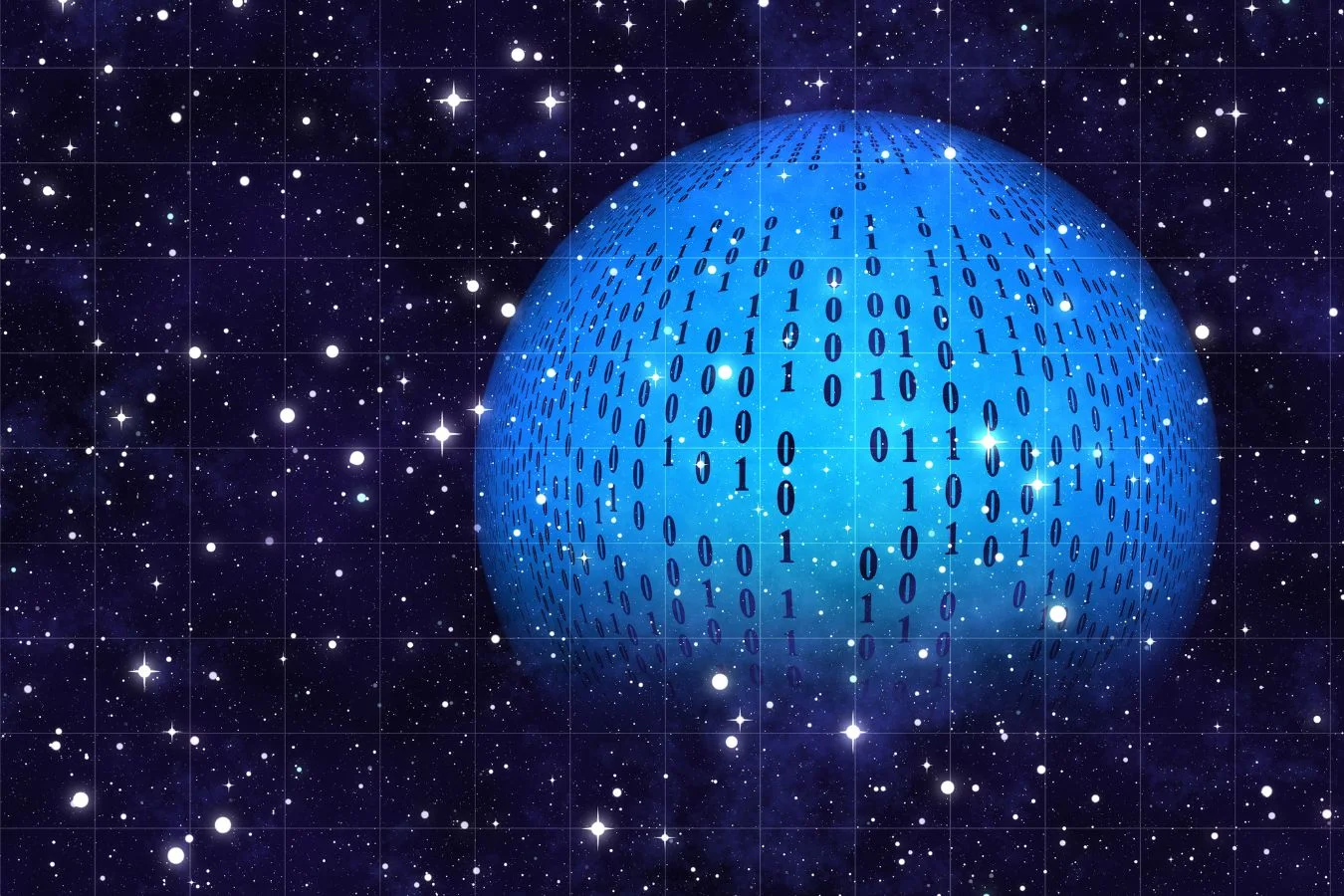 Digital globe with binary code pattern representing software development against a starry sky background.