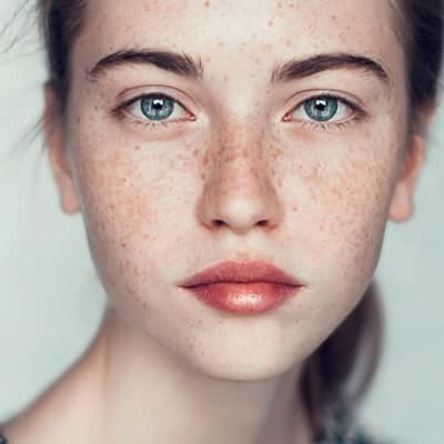 Close-up portrait of a young woman with freckles and blue eyes.