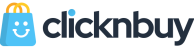 Logo of "clicknbuy" featuring a stylized blue shopping bag with a smiling face and a golden handle.